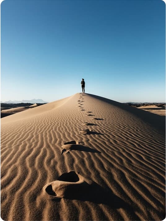 Footprints leading across a desert dune