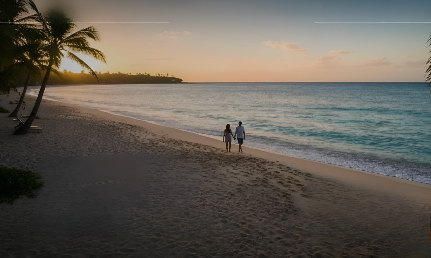 People walking along a tropical beach
